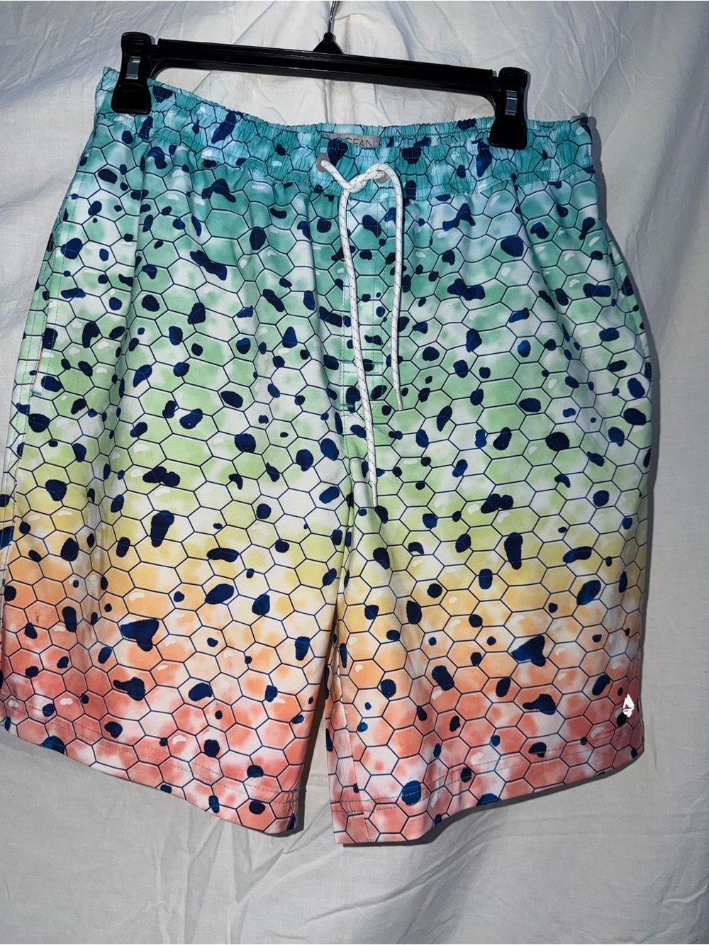 Men's Gradient Hex-Print Swim Trunks in Green/Blue/Yellow/Orange